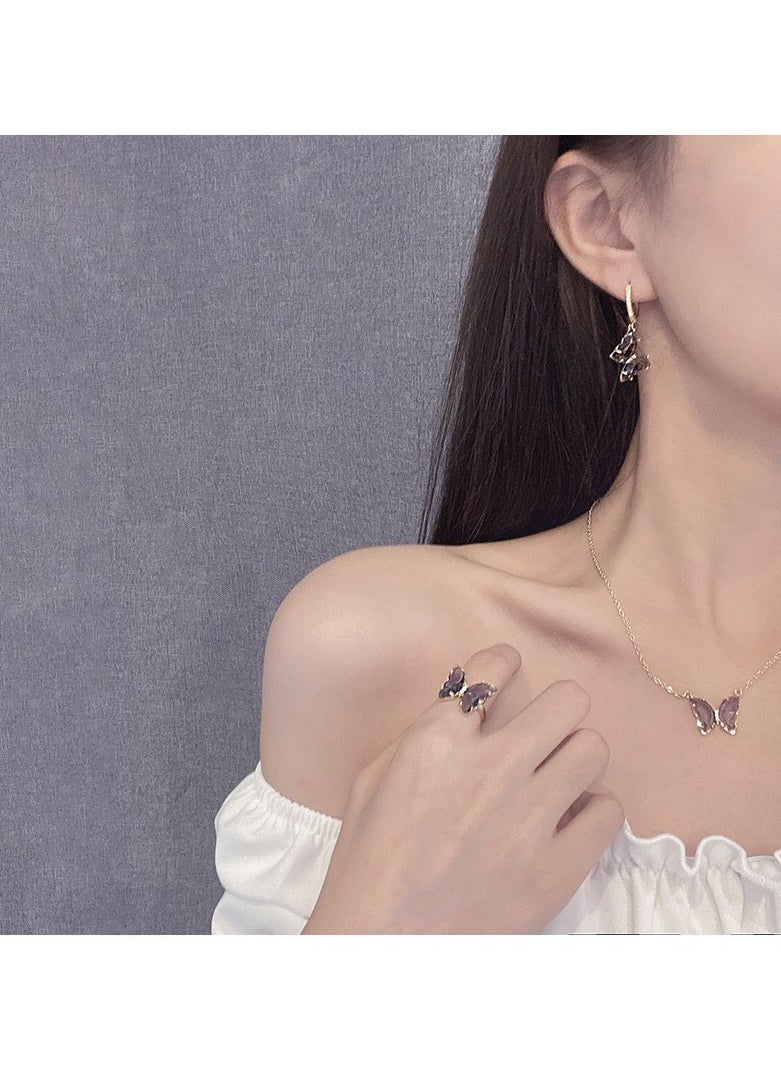 Satinior - Butterfly Element Titanium Steel Butterfly Earrings Necklace Ring Three-Piece Set - Image 1