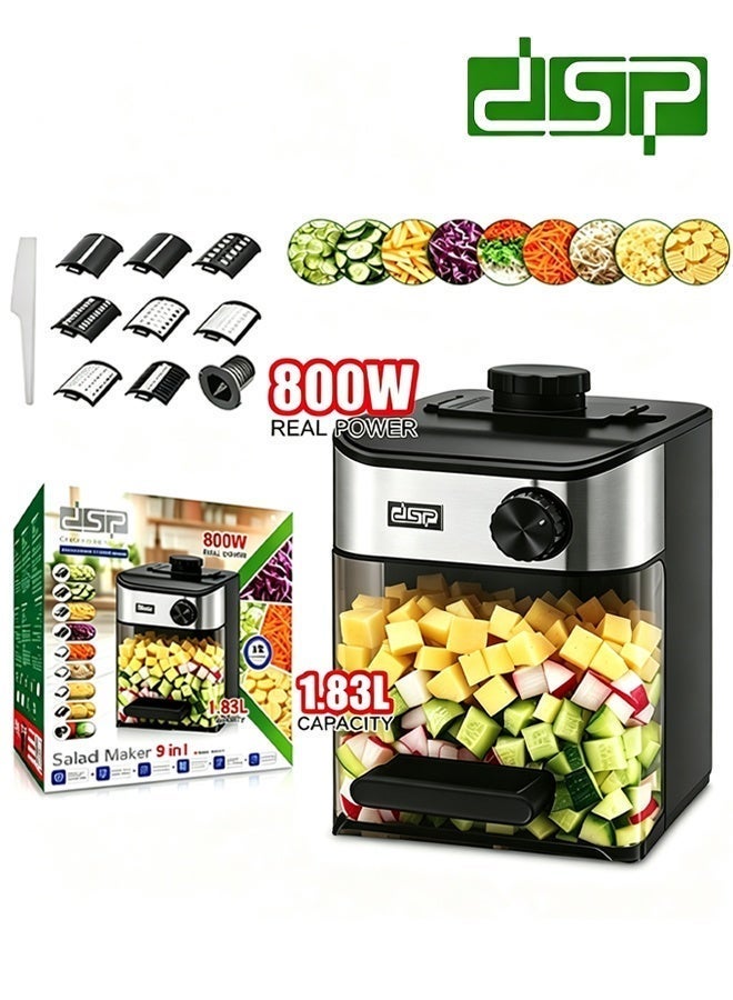 DSP 9-in-1 Electric Cheese Grater,800W Vegetable Chopper & Slicer with 1.83L Food Storage Container,Electric Salad Machine for Fruits, Vegetables, Cheeses,Food Processor with 8 Blades Set,Scraper & Food Pusher,KM5077 - Image 1