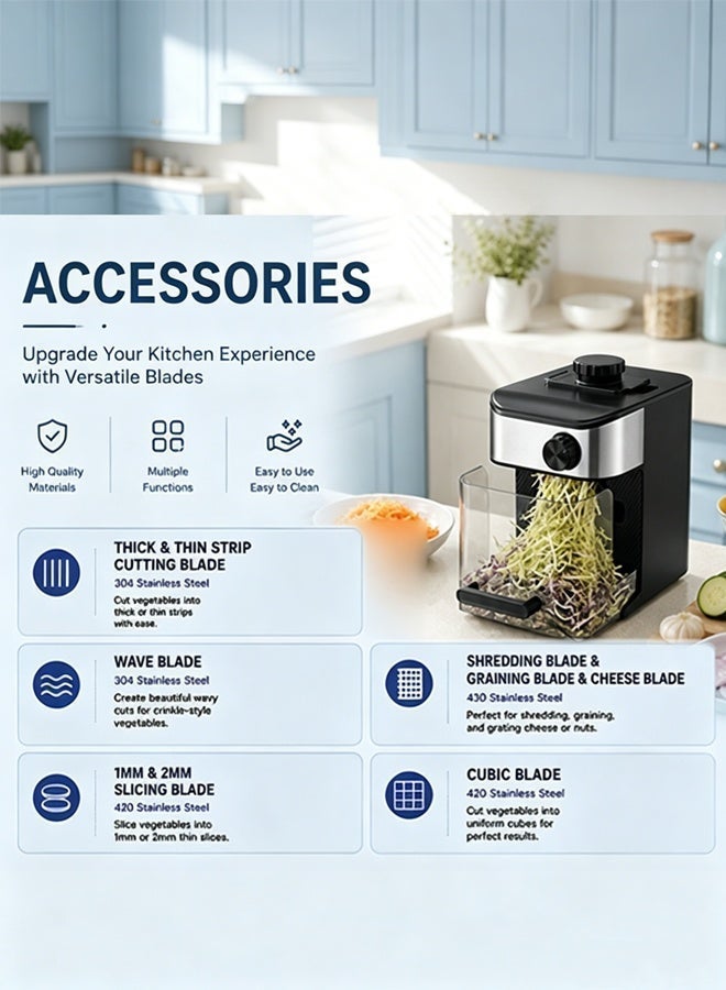 DSP 9-in-1 Electric Cheese Grater,800W Vegetable Chopper & Slicer with 1.83L Food Storage Container,Electric Salad Machine for Fruits, Vegetables, Cheeses,Food Processor with 8 Blades Set,Scraper & Food Pusher,KM5077 - Image 5