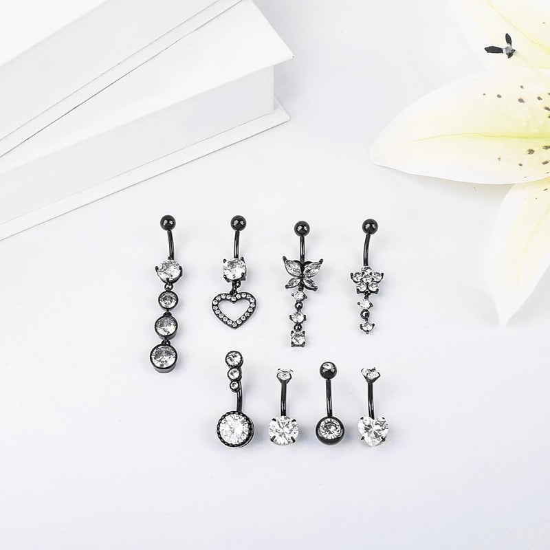 LEE&RO 8-Piece Black Belly Button Ring Set with Dangle Designs - Image 4