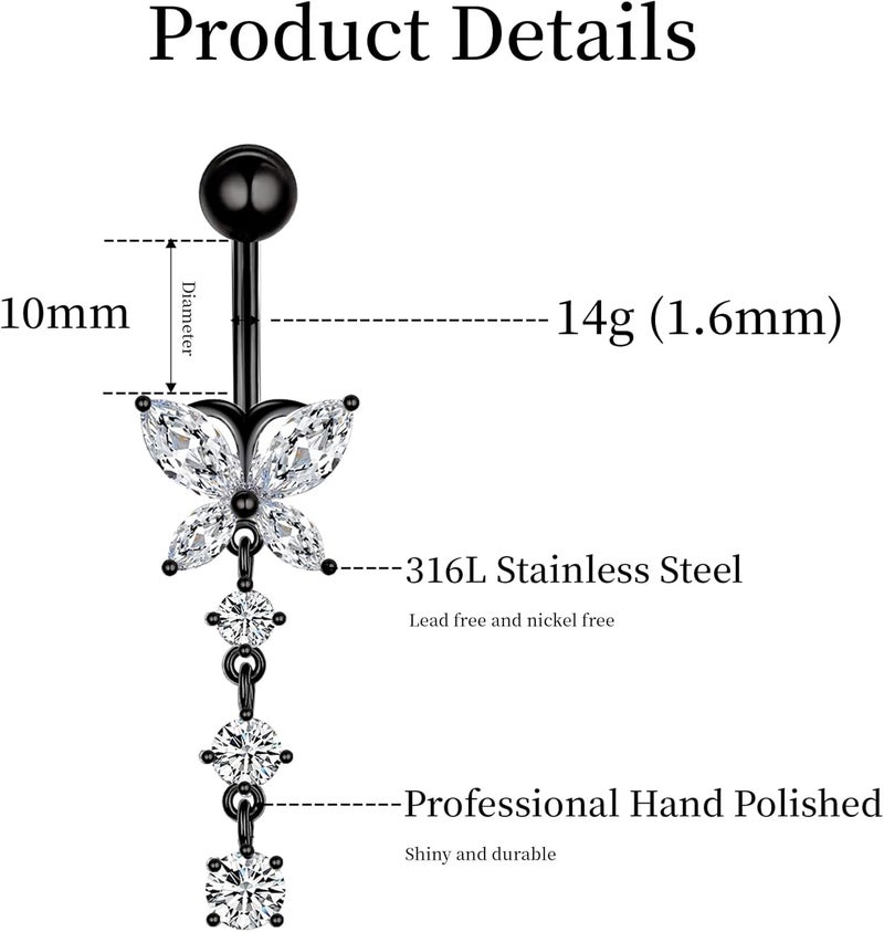 LEE&RO 8-Piece Black Belly Button Ring Set with Dangle Designs - Image 2