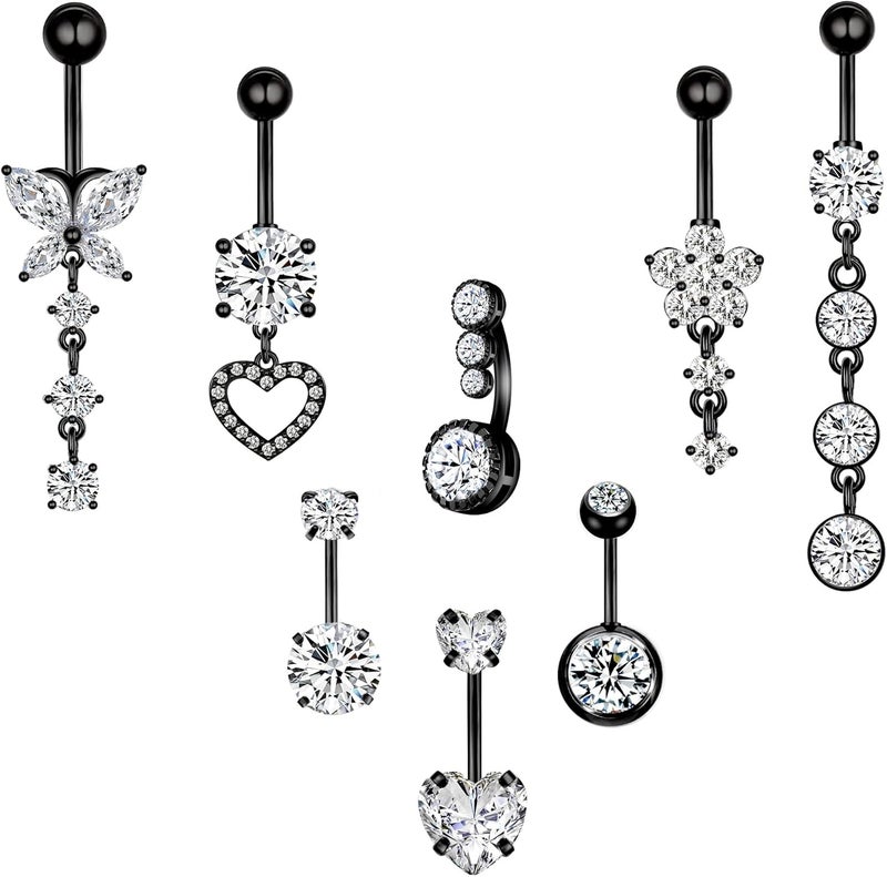 LEE&RO 8-Piece Black Belly Button Ring Set with Dangle Designs - Image 1