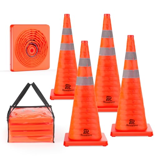 RoadHero 28 Inch 4 Pack Collapsible Traffic Safety Cones, Multi Purpose Pop-up Cones with Reflective Collar for Road Safety, Orange Cones for Driving Training, Parking Lots - Image 1