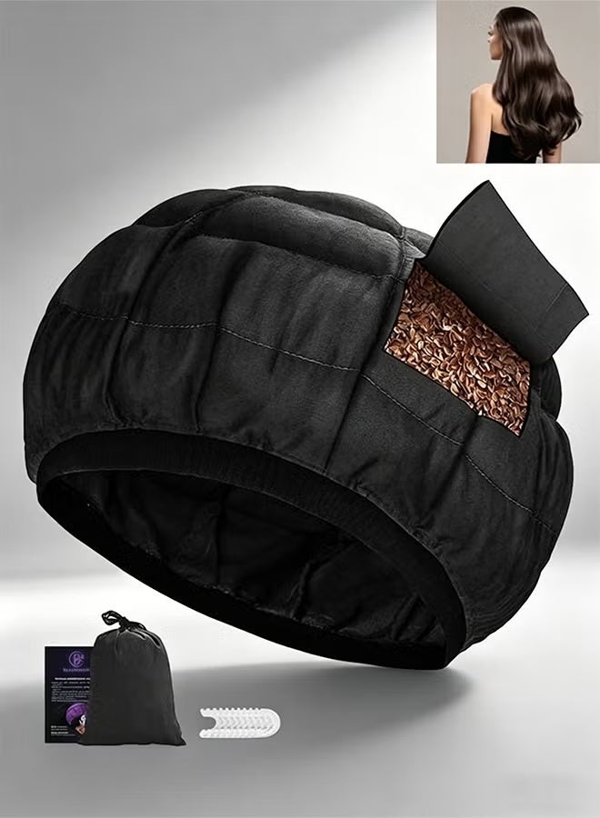 Cordless Deep Conditioning Heat Cap, Microwavable Treatment Steaming Heat Cap for Thermal Spa Curly Hair, 100% Natural Cotton Flaxseed Seed Interior (Black) - Image 1