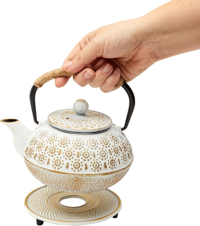 Juvale Stovetop Cast Iron Tea Kettle with Infuser - Superior Heat Retention Loose Leaf Tea Pot - Built-In Teapot with Strainer - Includes Trivet & Infuser Kettle - White, 27 Oz (800 ml) - Image 4