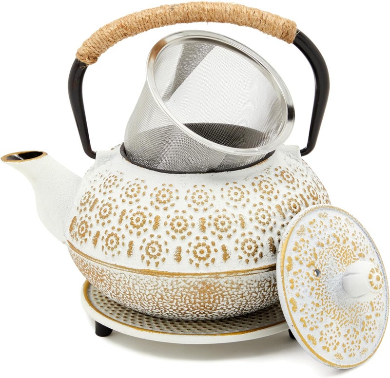 Juvale Stovetop Cast Iron Tea Kettle with Infuser - Superior Heat Retention Loose Leaf Tea Pot - Built-In Teapot with Strainer - Includes Trivet & Infuser Kettle - White, 27 Oz (800 ml) - Image 1