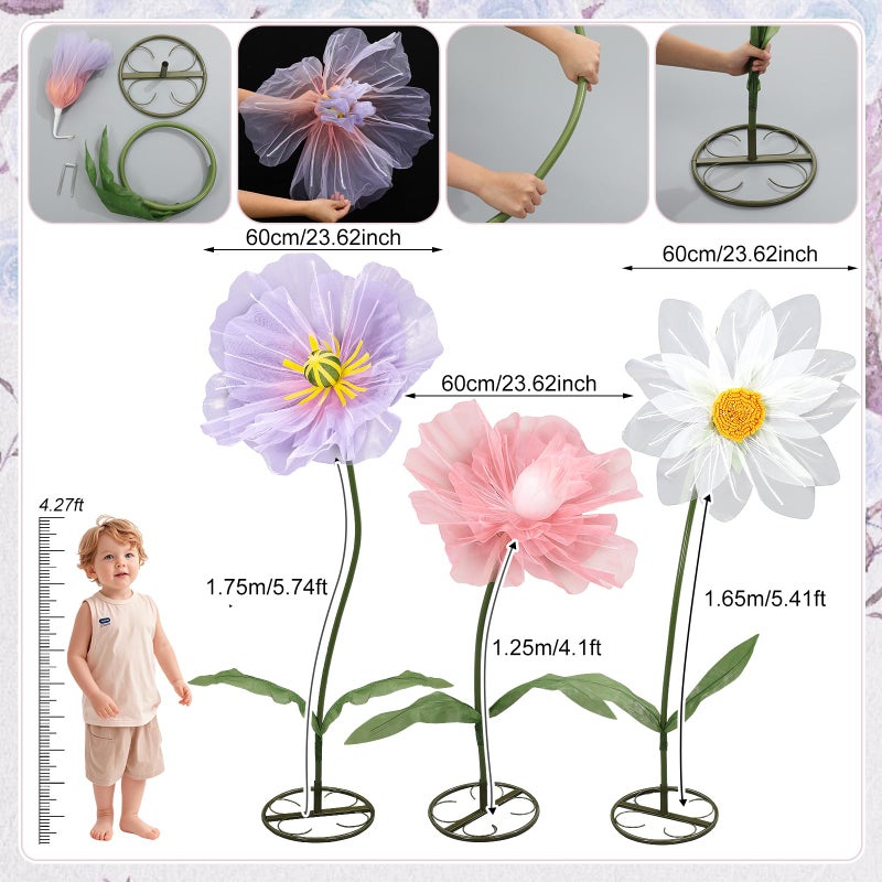 Leinuosen 3 Pcs Giant Flowers for Decoration 5.6 ft Large Organza Flowers with Stand for Spring Tea Bridal Shower Wedding Birthday Party Entrance Decor Corporate Event Photography Booth Indoor Outdoor - Image 2