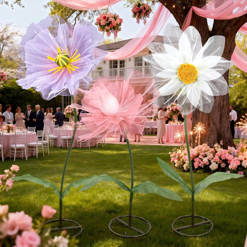 Leinuosen 3 Pcs Giant Flowers for Decoration 5.6 ft Large Organza Flowers with Stand for Spring Tea Bridal Shower Wedding Birthday Party Entrance Decor Corporate Event Photography Booth Indoor Outdoor - Image 1