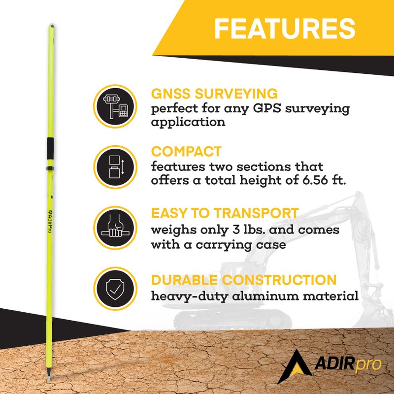 AdirPro Aluminum GPS Rover Rod â€“ 2m 2-Piece Design GPS Pole for Land Surveying & Engineering â€“ RTK GPS/GNSS Accessory â€“ Includes Level Vial & Carrying Case (Fluorescent Yellow) - Image 4