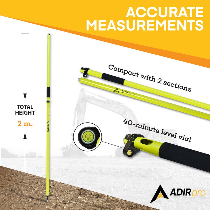AdirPro Aluminum GPS Rover Rod â€“ 2m 2-Piece Design GPS Pole for Land Surveying & Engineering â€“ RTK GPS/GNSS Accessory â€“ Includes Level Vial & Carrying Case (Fluorescent Yellow) - Image 3