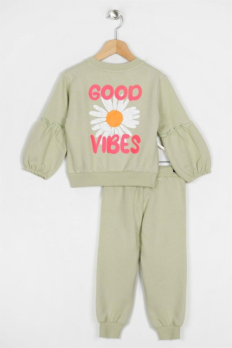 Zepkids Girls Green Colored Ruffled Sleeve Tracksuit  - Image 2