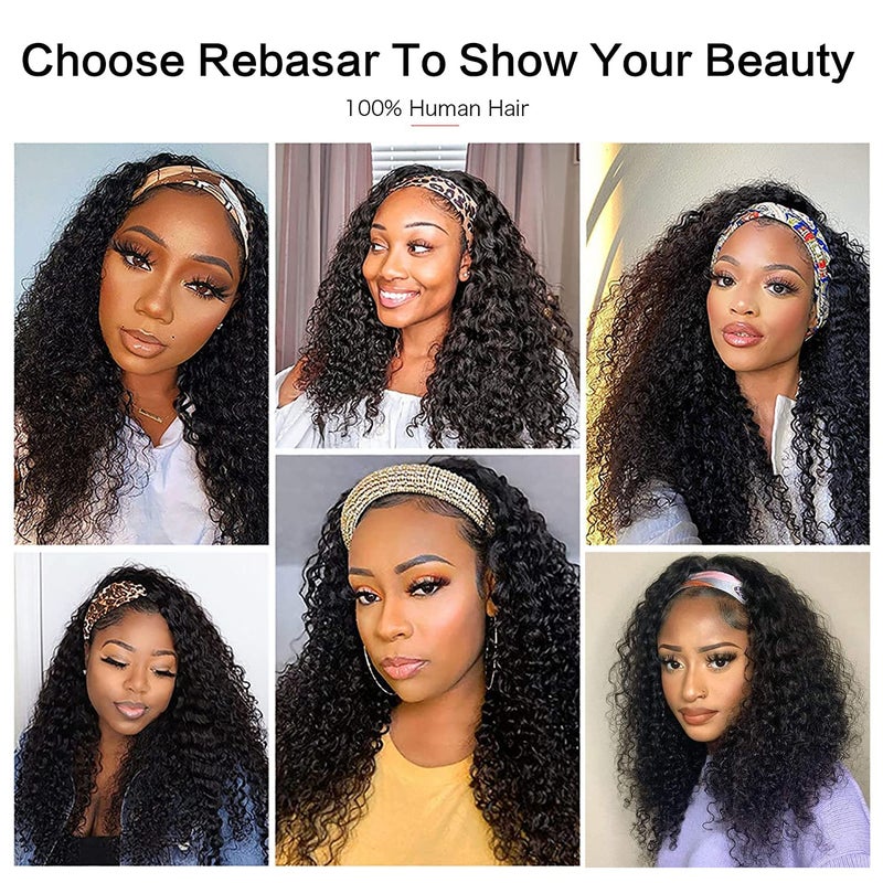 Rebasar Deep Wave Headband Wig Human Hair 14 Inch Curly Headband Wigs for Black Women Human Hair Glueless None Lace Front Wig Brazilian Virgin Hair Wear and Go Wigs 150% Density Natural Black Color - Image 5