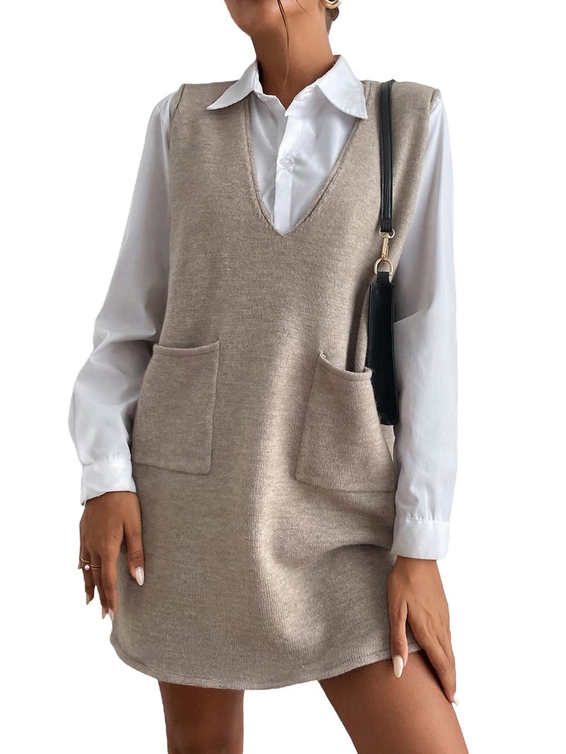 OYOANGLE Women's V Neck Sleeveless Knitted Solid Short Sweater Dress with Pockets Khaki M - Image 1