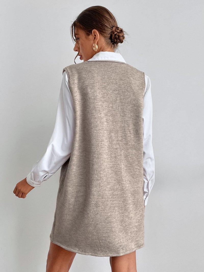 OYOANGLE Women's V Neck Sleeveless Knitted Solid Short Sweater Dress with Pockets Khaki M - Image 2