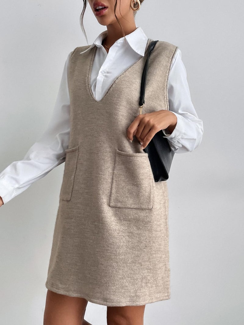 OYOANGLE Women's V Neck Sleeveless Knitted Solid Short Sweater Dress with Pockets Khaki M - Image 5