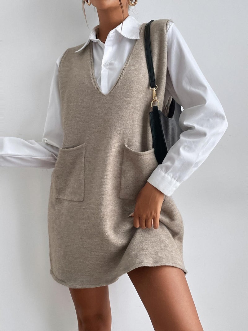 OYOANGLE Women's V Neck Sleeveless Knitted Solid Short Sweater Dress with Pockets Khaki M - Image 3