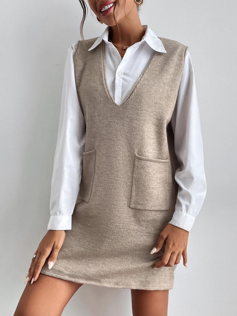 OYOANGLE Women's V Neck Sleeveless Knitted Solid Short Sweater Dress with Pockets Khaki M - Image 4