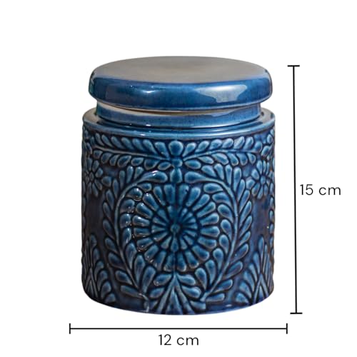 ClayStone Handmade ceramic jars for kitchen storage 1kg (1000ml), Embossed design - Cookie, Pickle, or Spice Container (Dark Blue) - Image 5