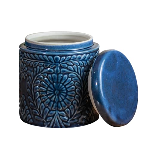 ClayStone Handmade ceramic jars for kitchen storage 1kg (1000ml), Embossed design - Cookie, Pickle, or Spice Container (Dark Blue) - Image 4