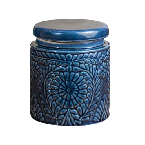 ClayStone Handmade ceramic jars for kitchen storage 1kg (1000ml), Embossed design - Cookie, Pickle, or Spice Container (Dark Blue) - Image 3