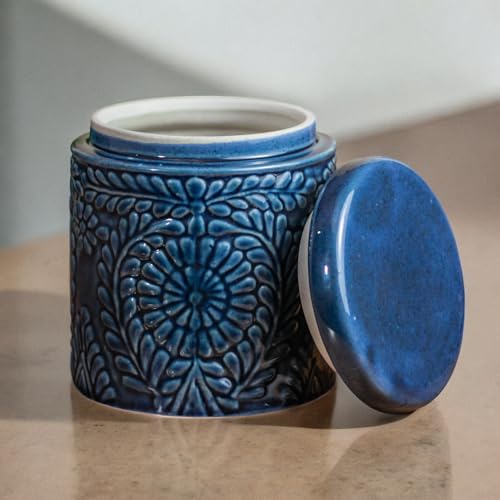 ClayStone Handmade ceramic jars for kitchen storage 1kg (1000ml), Embossed design - Cookie, Pickle, or Spice Container (Dark Blue) - Image 1