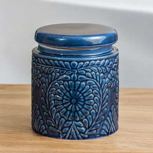 ClayStone Handmade ceramic jars for kitchen storage 1kg (1000ml), Embossed design - Cookie, Pickle, or Spice Container (Dark Blue) - Image 2