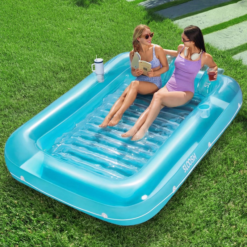 SLOOSH Inflatable Tanning Pool Lounger Float, 85" x 57" Extra Large Pool Floats Adult with Pillow, 4 in 1 Suntan Tub Raft Floatie,Sunbathing Bed Lounge for Water Blow Up Ball Pit Party Gifts, XL-Blue - Image 1