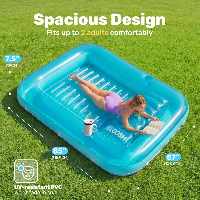 SLOOSH Inflatable Tanning Pool Lounger Float, 85" x 57" Extra Large Pool Floats Adult with Pillow, 4 in 1 Suntan Tub Raft Floatie,Sunbathing Bed Lounge for Water Blow Up Ball Pit Party Gifts, XL-Blue - Image 2