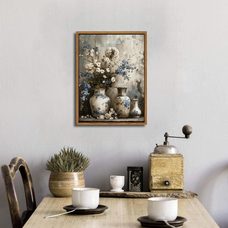 AKWISH Floating Framed Farmhouse Floral Canvas Wall Art, Vintage Blue and White Flower Pictures Wall Decor, Elegant Art Jar Posters Print for Living Room Bedroom Bathroom Rustic Decor 16x24 inch - Image 4