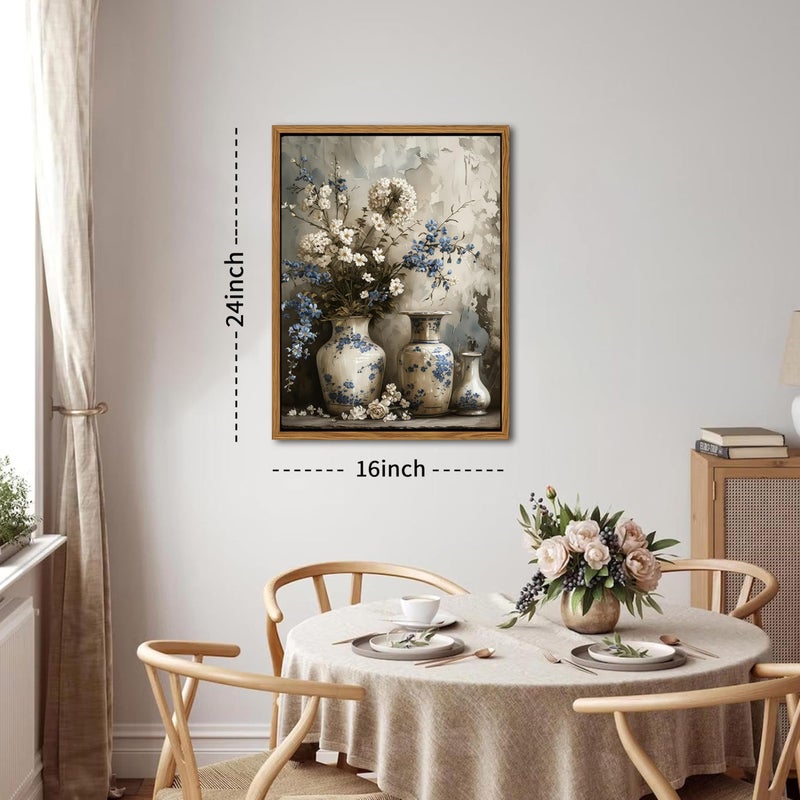 AKWISH Floating Framed Farmhouse Floral Canvas Wall Art, Vintage Blue and White Flower Pictures Wall Decor, Elegant Art Jar Posters Print for Living Room Bedroom Bathroom Rustic Decor 16x24 inch - Image 3