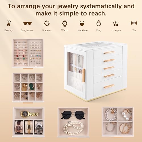 Homeanda Jewelry Box for Women with Glass Lid, 5 Drawers Jewelry Organizer and Storage for Necklaces, Rings, Earrings, Bracelets, Gift for Girls and Teens,PU Leather (White) - Image 4