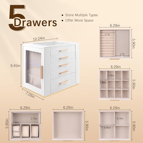 Homeanda Jewelry Box for Women with Glass Lid, 5 Drawers Jewelry Organizer and Storage for Necklaces, Rings, Earrings, Bracelets, Gift for Girls and Teens,PU Leather (White) - Image 3