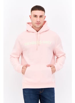 Men Hooded Embroidered Logo Long Sleeves Sweatshirt, Pink