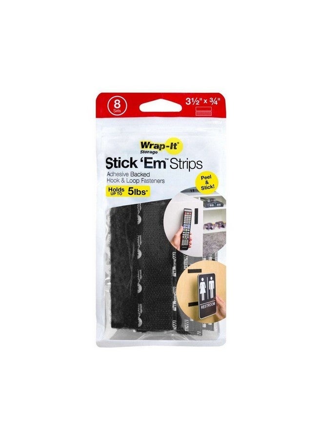 Wrap-It Storage 8-Sets Stick-Em Adhesive Backed Hook and Loop Fastener Strips Black 3.5 x 0.75 Inch 408-AS-35BL - Image 1