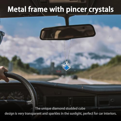Sylvil Bling Diamond Cube Car Rear View Mirror Charms, Crystal Sun Catcher Hanging Ornament for Automotive, Home Decor, Universal Vehicle Pendant Accessories for Women Girls (Blue) - Image 4