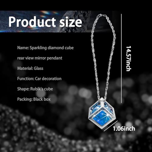 Sylvil Bling Diamond Cube Car Rear View Mirror Charms, Crystal Sun Catcher Hanging Ornament for Automotive, Home Decor, Universal Vehicle Pendant Accessories for Women Girls (Blue) - Image 2