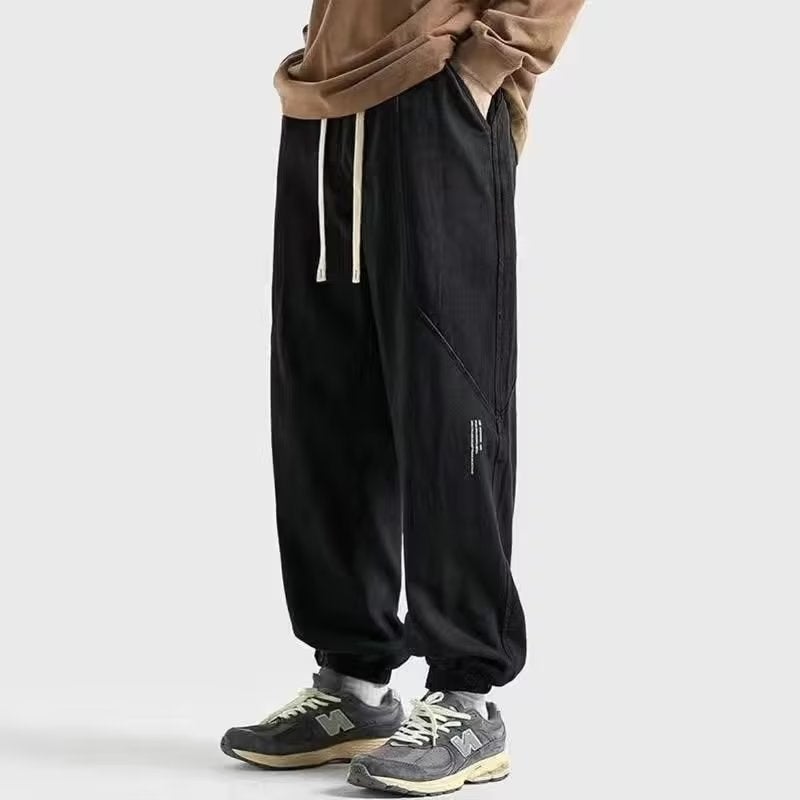 Overalls mens American retro casual pants mens trousers Japanese fashion brand ankle-tied pants mens summer thin Black