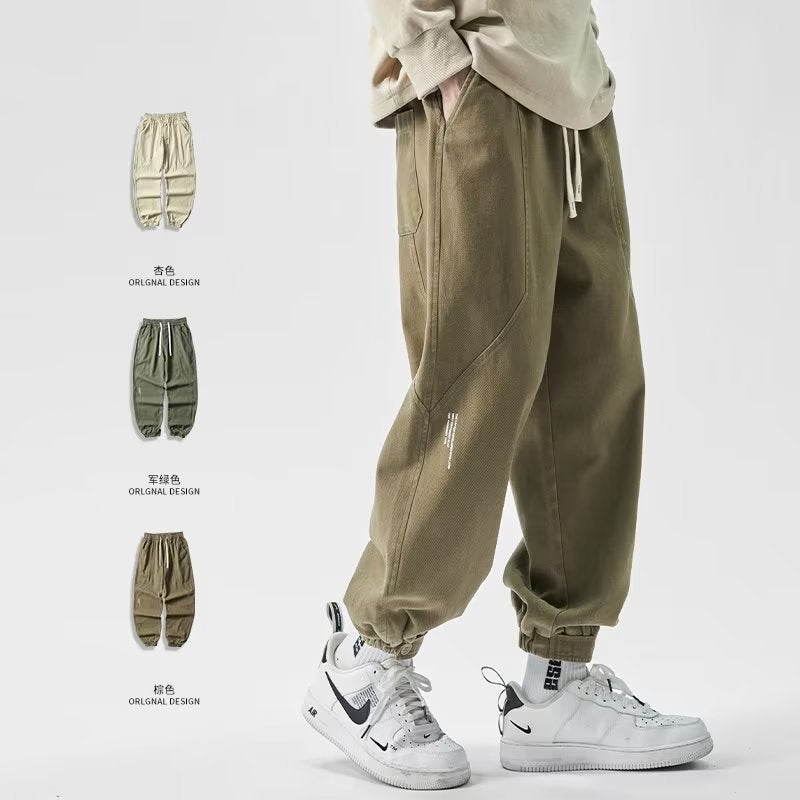 Overalls mens American retro casual pants mens trousers Japanese fashion brand ankle-tied pants mens summer thin Black