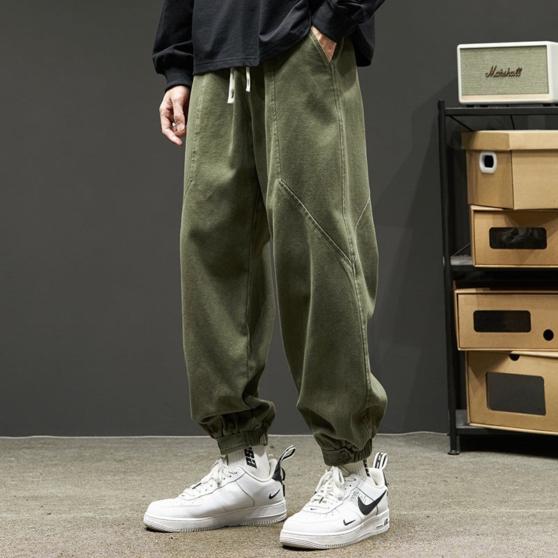 Overalls mens American retro casual pants mens trousers Japanese fashion brand ankle-tied pants mens summer thin Black