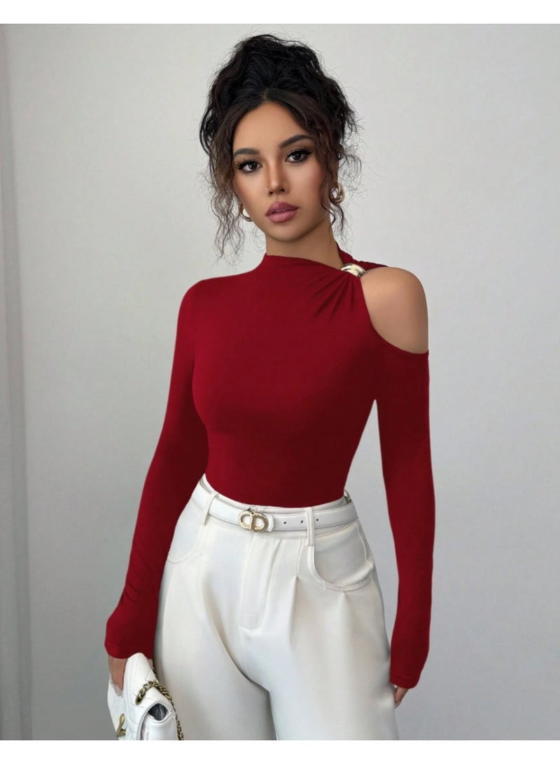 SHEIN Fitted Metal Decor Hollow  Out Off Shoulder Long Sleeve T-Shirt - Image 5
