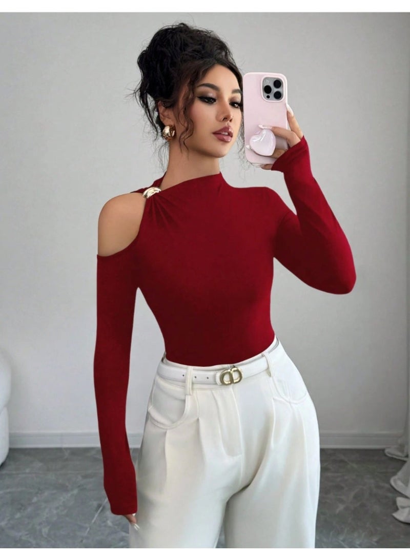 SHEIN Fitted Metal Decor Hollow  Out Off Shoulder Long Sleeve T-Shirt - Image 1