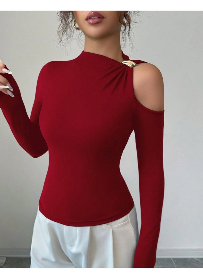 SHEIN Fitted Metal Decor Hollow  Out Off Shoulder Long Sleeve T-Shirt - Image 4