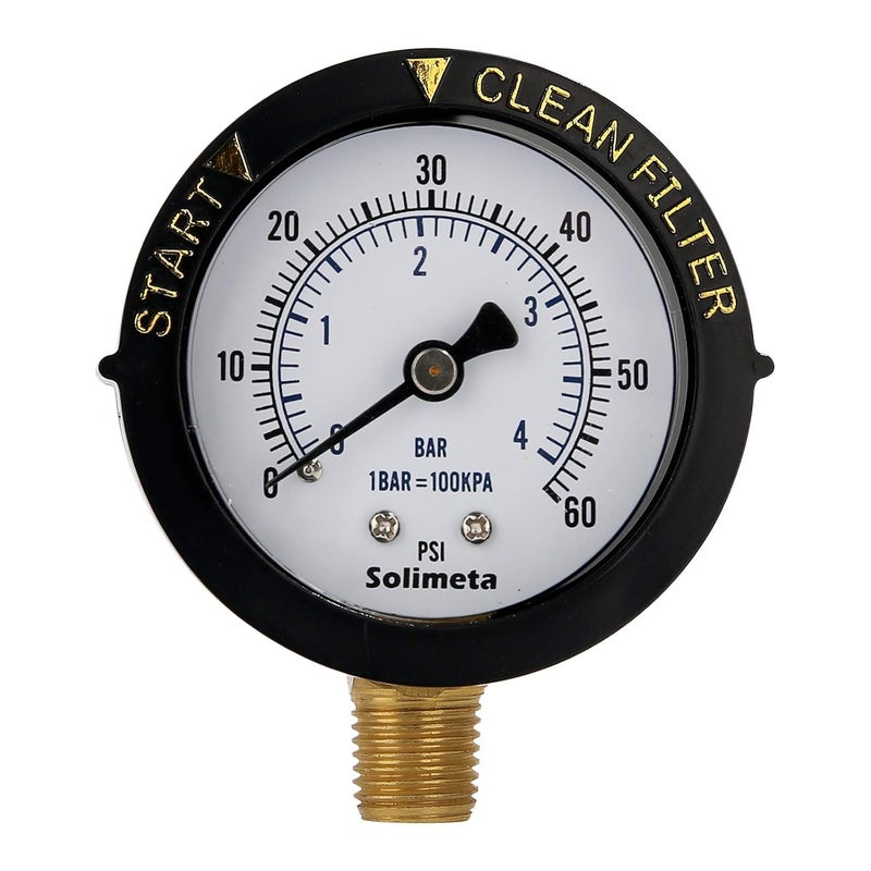 Solimeta 2" Start and Clean Filter Pressure Gauge, Water Pressure Gauge, Pool Filter Pressure Gauge, Swimming Pool Gauge, 1/4" NPT Lower Mount - Image 1
