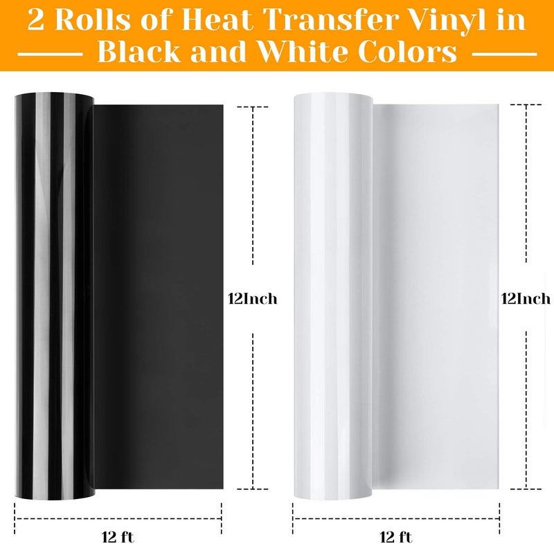 Flasoo 12" x 24ft Heat Transfer Vinyl Rolls, 2 Rolls Black and White HTV Iron on Vinyl for Shirts, Compatible with All Cutting Machine, Easy to Cut & Weed (12 Inches by 12 Feet Per Roll) - Image 3