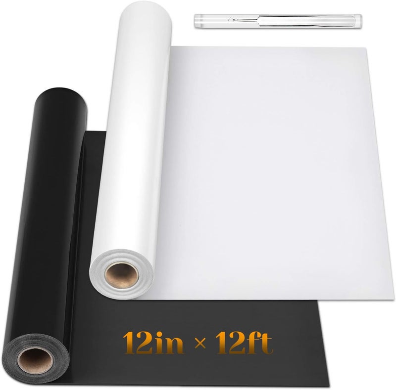 Flasoo 12" x 24ft Heat Transfer Vinyl Rolls, 2 Rolls Black and White HTV Iron on Vinyl for Shirts, Compatible with All Cutting Machine, Easy to Cut & Weed (12 Inches by 12 Feet Per Roll) - Image 1