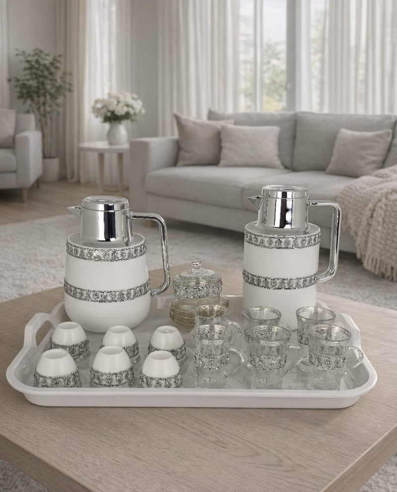 Radin Luxury Arabic Coffee & Tea Serving Set – 22Piece Silver & White Thermal Flask Set with Cups and Tray for Elegant Hosting - Image 1