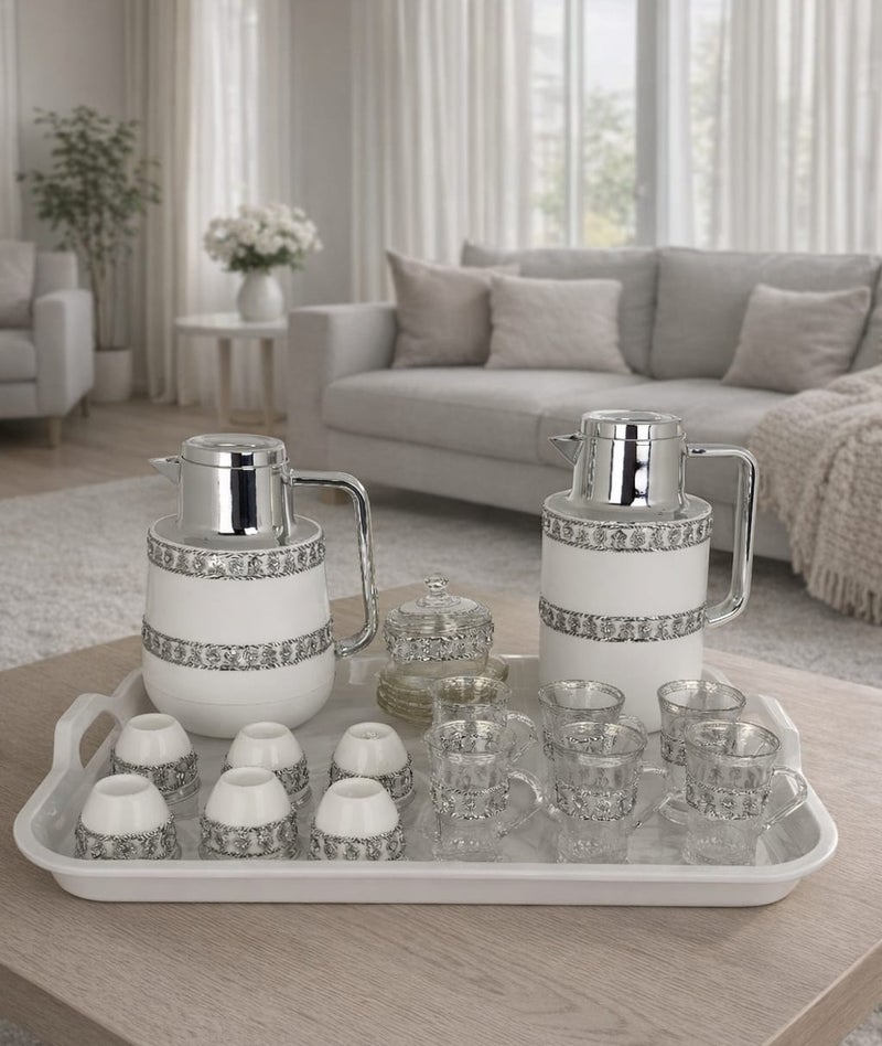 Radin Luxury Arabic Coffee & Tea Serving Set – 22Piece Silver & White Thermal Flask Set with Cups and Tray for Elegant Hosting - Image 2