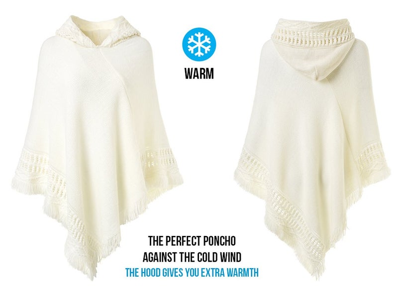 Ferand Ladies' Hooded Cape with Fringed Hem, Crochet Poncho Knitting Patterns for Women, White - Image 3