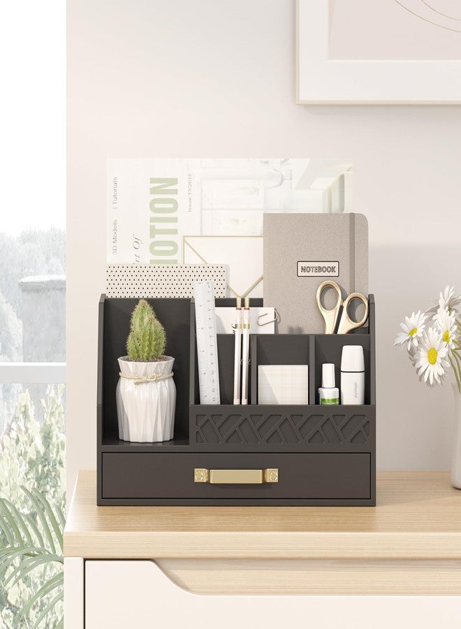 Wisuce Essentials Bamboo Desk Organizer with Drawers, Mail Organizer Countertop Wood Desk Drawer Tabletop Storage Organization Pen Holder Letter Sorter Makeup Organizer for School Home Office (Black) - Image 2