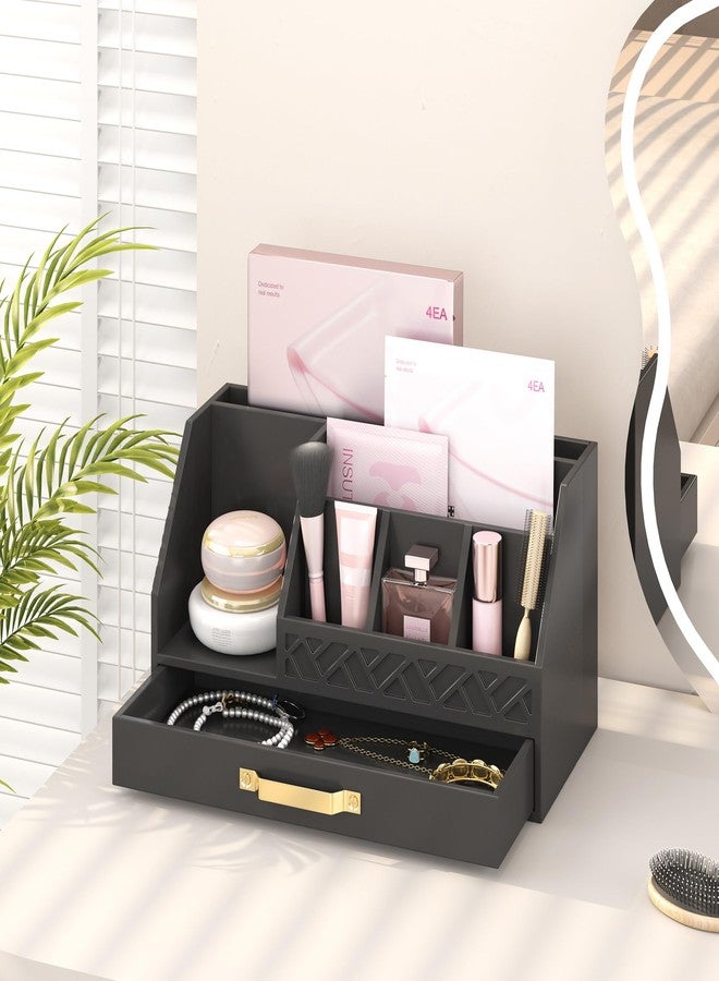 Wisuce Essentials Bamboo Desk Organizer with Drawers, Mail Organizer Countertop Wood Desk Drawer Tabletop Storage Organization Pen Holder Letter Sorter Makeup Organizer for School Home Office (Black) - Image 3